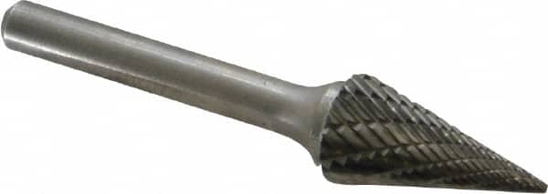 Atrax - 1/2" Cut Diam, 1/4" Shank Diam, Cone Head Double Cut Burr - Carbide, Point End, 7/8" LOC, 2-3/4" OAL - Benchmark Tooling