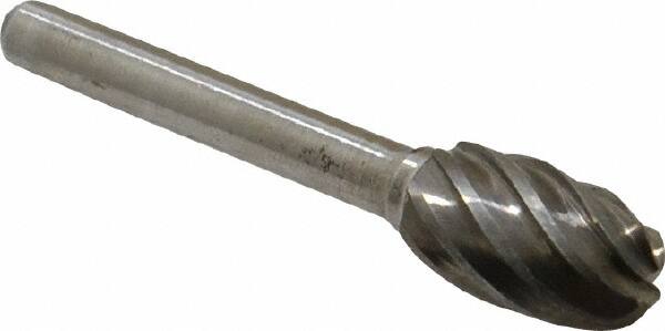 Atrax - 1/2" Cut Diam, 1/4" Shank Diam, Oval Head Fluted Cut Burr - Radius End, 7/8" LOC, 2-5/8" OAL - Benchmark Tooling