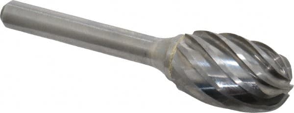 Atrax - 5/8" Cut Diam, 1/4" Shank Diam, Oval Head Fluted Cut Burr - Radius End, 1" LOC, 2-3/4" OAL - Benchmark Tooling