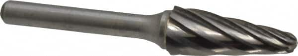 Atrax - 1/2" Cut Diam, 1/4" Shank Diam, Taper Head Fluted Cut Burr - Radius End, 1-1/8" LOC, 3" OAL - Benchmark Tooling