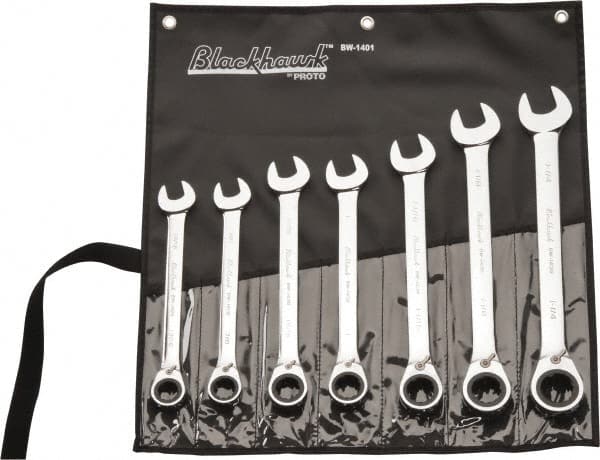 Blackhawk by Proto - 7 Pc, 13/16 - 1-1/4", Reversible Ratcheting Combination Wrench Set - Benchmark Tooling