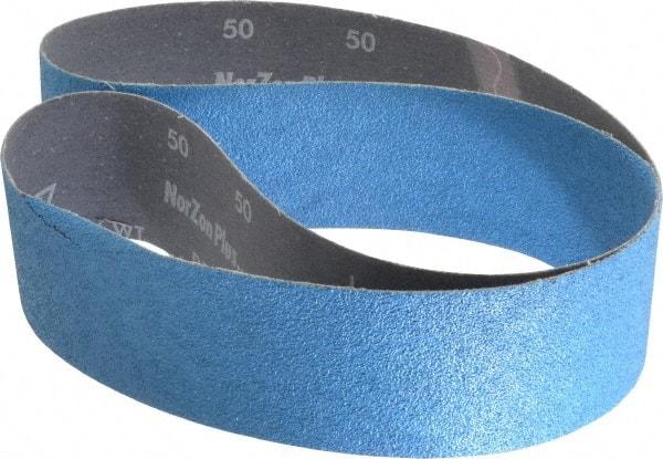 Norton - 2-1/2" Wide x 48" OAL, 50 Grit, Zirconia Alumina Abrasive Belt - Zirconia Alumina, Coarse, Coated, Y Weighted Cloth Backing, Dry, Series R821 - Benchmark Tooling