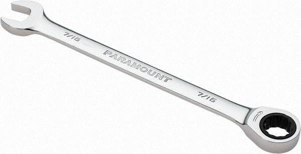 Paramount - 7/16" 12 Point Ratcheting Combination Wrench - 6-1/2" OAL, Chrome Vanadium Steel, Polished Finish - Benchmark Tooling