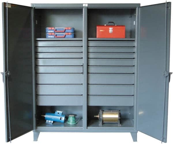 Strong Hold - 2 Shelf 16 Bin Locking Storage Cabinet - Steel, 72" Wide x 24" Deep x 78" High, Dark Gray - Benchmark Tooling