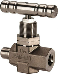 Ham-Let - 5,000 Max psi, 1/4" Pipe, 316 Grade Stainless Steel, Inline Soft Seat Instrumentation Needle Valve - MNPT x FNPT End Connections, Swaglok SS-1KM4-F4-SH - Benchmark Tooling