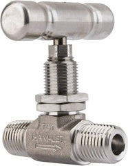 Ham-Let - 5,000 Max psi, 1/4" Pipe, 316 Grade Stainless Steel, Inline Stem Vee Instrumentation Needle Valve - MNPT x MNPT End Connections, Swaglok SS-1VM4-SH - Benchmark Tooling