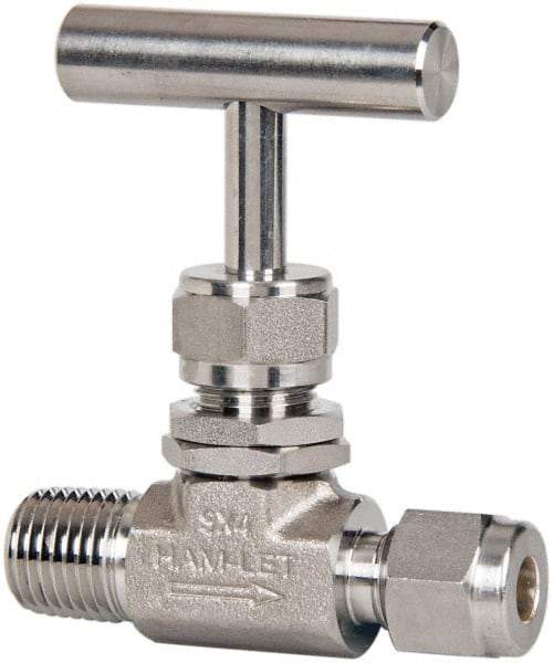 Ham-Let - 5,000 Max psi, 1/4 x 3/8" Pipe, 316 Grade Stainless Steel, Inline Stem Regulating Instrumentation Needle Valve - MNPT x Compression End Connections, Swaglok SS-1RM4-S6 - Benchmark Tooling