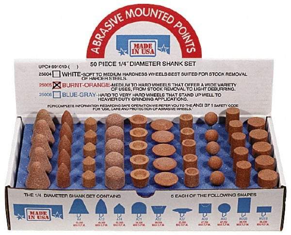 Made in USA - 50 Piece Aluminum Oxide Vitrified Mounted Stone Abrasive Point Set - Includes Shapes A4, A12, A14, A21, A32, A37, A39, A40, W206 & W218 - Benchmark Tooling