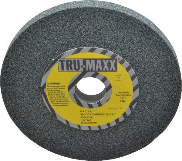 Tru-Maxx - 60 Grit Silicon Carbide Bench & Pedestal Grinding Wheel - 6" Diam x 1" Hole x 1/2" Thick, 5410 Max RPM, K Hardness, Medium Grade , Vitrified Bond - Benchmark Tooling
