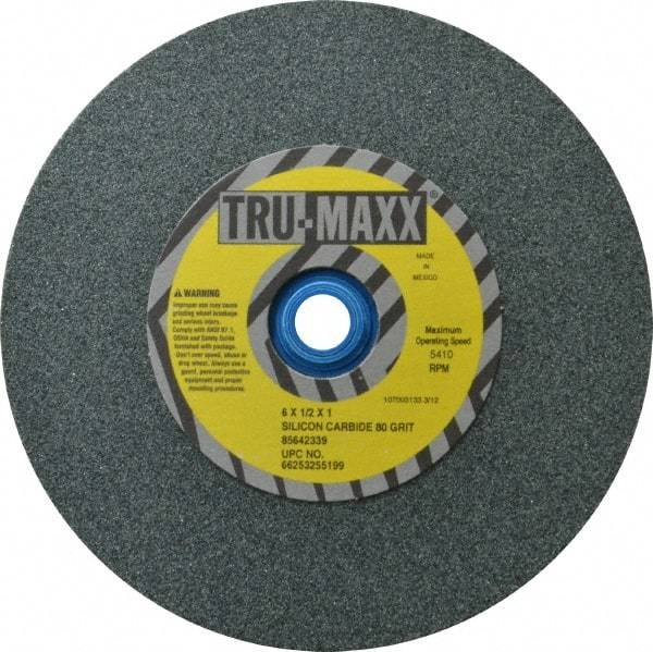 Tru-Maxx - 80 Grit Silicon Carbide Bench & Pedestal Grinding Wheel - 6" Diam x 1" Hole x 1/2" Thick, 5410 Max RPM, K Hardness, Medium Grade , Vitrified Bond - Benchmark Tooling