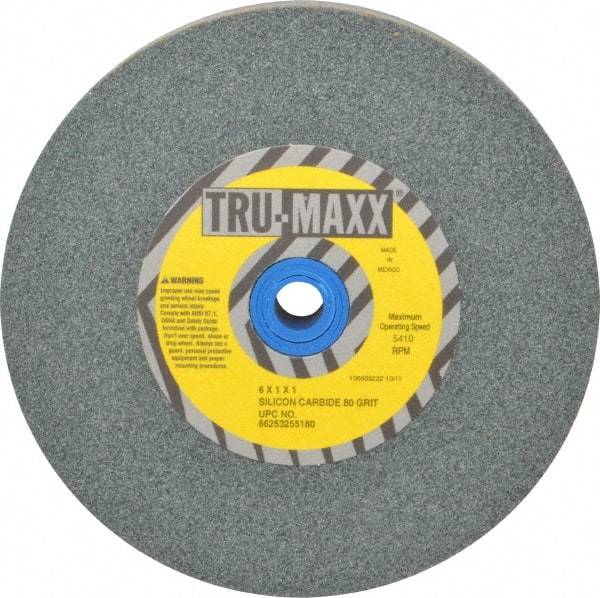 Tru-Maxx - 80 Grit Silicon Carbide Bench & Pedestal Grinding Wheel - 6" Diam x 1" Hole x 1" Thick, 5410 Max RPM, K Hardness, Medium Grade , Vitrified Bond - Benchmark Tooling