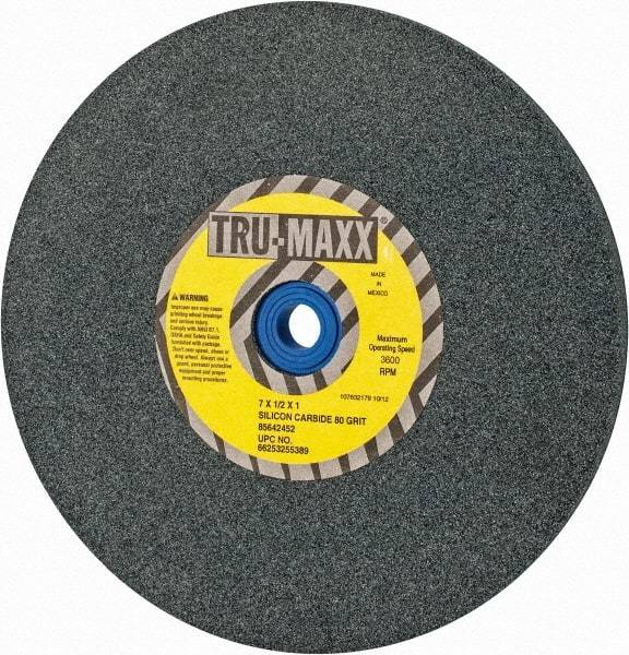Tru-Maxx - 80 Grit Silicon Carbide Bench & Pedestal Grinding Wheel - 7" Diam x 1" Hole x 1/2" Thick, 3600 Max RPM, K Hardness, Medium Grade , Vitrified Bond - Benchmark Tooling
