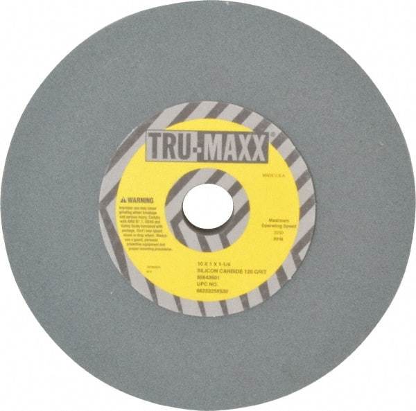 Tru-Maxx - 120 Grit Silicon Carbide Bench & Pedestal Grinding Wheel - 10" Diam x 1-1/4" Hole x 1" Thick, 3250 Max RPM, K Hardness, Fine Grade , Vitrified Bond - Benchmark Tooling