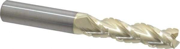 Accupro - 1/2" Diam, 2" LOC, 3 Flute Solid Carbide Roughing & Finishing Square End Mill - ZrN Finish, 4" OAL, 1/2" Shank Diam, Straight Shank, 37° Helix, Centercutting, Extra Long Length - Benchmark Tooling