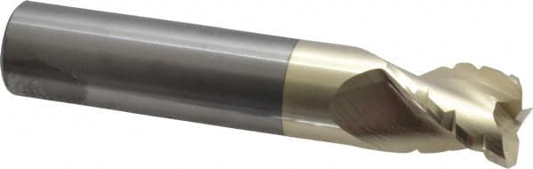Accupro - 3/4" Diam, 1" LOC, 3 Flute Solid Carbide Roughing & Finishing Square End Mill - ZrN Finish, 4" OAL, 3/4" Shank Diam, Straight Shank, 37° Helix, Centercutting, Stub Length - Benchmark Tooling