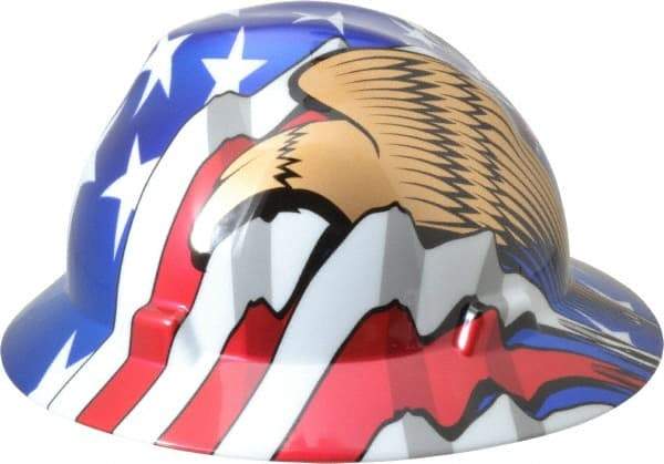 MSA - ANSI Type I, Class E Rated, 8-Point, Ratchet Adjustment Hard Hat - Size 6-1/2 to 8, Colored Graphics, Full Brim, American Flag with Eagles - Benchmark Tooling