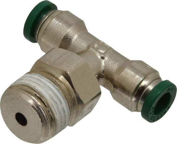 Parker - 1/4" Outside Diam, 3/8 NPTF, Nickel Plated Brass Push-to-Connect Tube Male Swivel Branch Tee - 300 Max psi, Tube to Male NPT Connection, Buna-N O-Ring - Benchmark Tooling