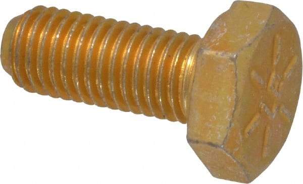 Made in USA - 1/4-28 UNF, 5/8" Length Under Head Hex Head Cap Screw - Fully Threaded, Grade 8 Alloy Steel, Zinc Yellow Dichromate Finish, 1/2" Hex - Benchmark Tooling