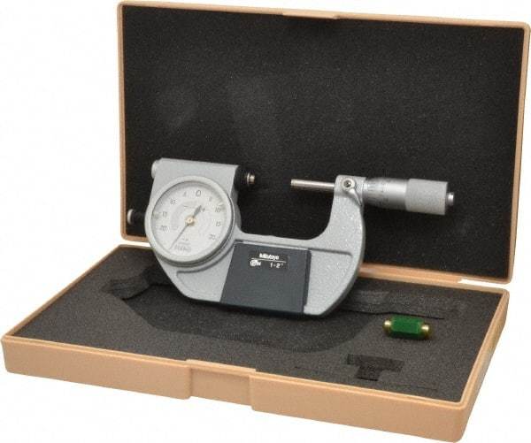 Mitutoyo - 1 to 2 Inch Range, 0.0001 Inch Graduation, Mechanical Indicating Micrometer - Accurate to 0.0001 Inch, Carbide-Tipped Measuring Face, Includes Fitted Plastic Case - Benchmark Tooling