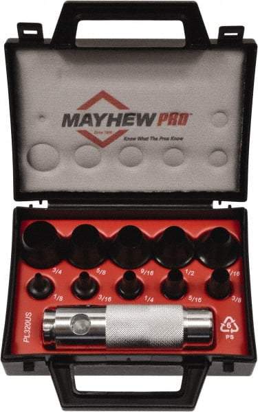 Mayhew - 11 Piece, 1/8 to 3/4", Hollow Punch Set - Round Shank, Alloy Steel, Comes in Plastic Case - Benchmark Tooling