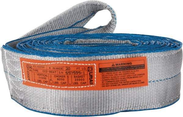 Lift-All - 20' Long x 4" Wide, 11,500 Lb Vertical Capacity, 2 Ply, Polyester Web Sling - 9,200 Lb Choker Capacity, Silver (Color) - Benchmark Tooling