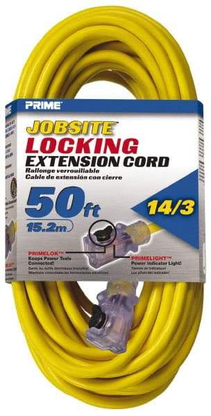 Value Collection - 50', 14/3 Gauge/Conductors, Yellow Outdoor Extension Cord - 1 Receptacle, 15 Amps, 125 Volts, UL SJTW, NEMA 5-15R - Benchmark Tooling