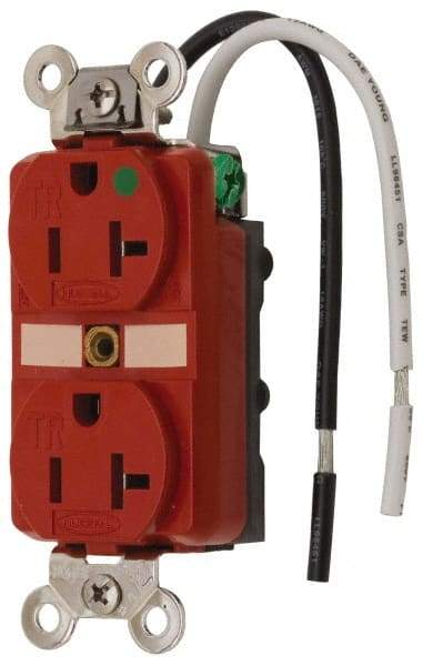 Hubbell Wiring Device-Kellems - 125 VAC, 20 Amp, 5-20R NEMA Configuration, Red, Hospital Grade, Self Grounding Duplex Receptacle - 1 Phase, 2 Poles, 3 Wire, Flush Mount, Chemical, Corrosion and Impact Resistant, Tamper Resistant - Benchmark Tooling