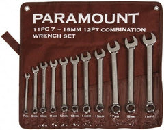 Paramount - 11 Piece, 7mm to 19mm, 12 Point Combination Wrench Set - Metric Measurement Standard, Full Polish Chrome Finish, Comes in Canvas Roll - Benchmark Tooling