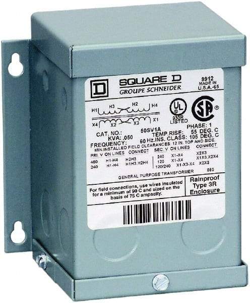 Square D - 1 Phase, 240 x 480 Volt Input, 120/240 Volt Output, 1 kVA, General Purpose Transformer - 3R NEMA Rating, 239°F Temp Rise, Indoor, Outdoor - Benchmark Tooling