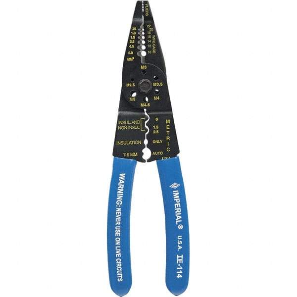 Imperial - 10 to 22 AWG Capacity Wire Stripper/Cutter/Crimper - 7-1/2" OAL, Hardened Steel with Cushion Grip Handle - Benchmark Tooling