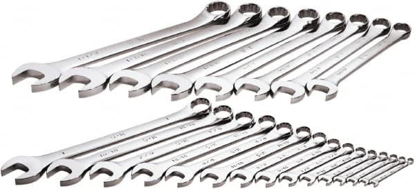 SK - 23 Piece, 1/4" to 1-1/2", 12 Point Combination Wrench Set - Inch Measurement Standard, Chrome Finish, Comes in Rack - Benchmark Tooling