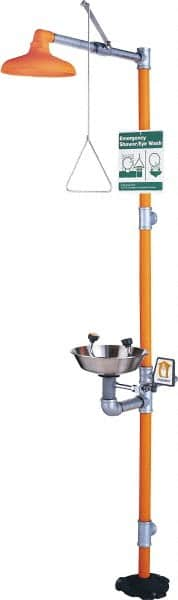 PRO-SAFE - 1-1/4" Inlet, 20 GPM shower Flow, Drench shower & Eyewash Station - Bowl, Triangular Pull Rod & Push Flag Activated, Galvanized Steel Pipe, Plastic Shower Head, 0.4 GPM Bowl Flow, Corrosion Resistant, Top or Mid Supply - Benchmark Tooling