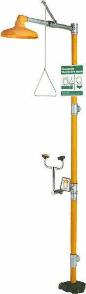 PRO-SAFE - 1-1/4" Inlet, 20 GPM shower Flow, Drench shower, Eye & Face Wash Station - No Bowl, Triangular Pull Rod & Push Flag Activated, Galvanized Steel Pipe, Plastic Shower Head, 3 GPM Bowl Flow, Corrosion Resistant, Top or Mid Supply - Benchmark Tooling