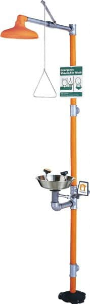 PRO-SAFE - 1-1/4" Inlet, 20 GPM shower Flow, Drench shower, Eye & Face Wash Station - Bowl, Triangular Pull Rod & Push Flag Activated, Galvanized Steel Pipe, Plastic Shower Head, 3 GPM Bowl Flow, Corrosion Resistant, Top or Mid Supply - Benchmark Tooling