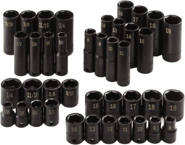 SK - 40 Piece 3/8" Drive Standard Socket Set - 6 Points, 5/16 to 3/4", 8 to 19mm, Inch/Metric Measurement Standard - Benchmark Tooling