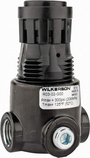 Wilkerson - 1/4 NPT Port, 15 CFM, Zinc Miniature Regulator - 2 to 125 psi Range, 300 Max psi Supply Pressure, 1/8" Gauge Port Thread, 1.65" Wide x 2.88" High - Benchmark Tooling