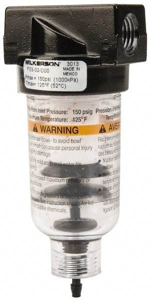 Wilkerson - 1/4" Port, 4.26" High x 1.69" Wide, Miniature FRL Filter with Polycarbonate Bowl & Piston Drain - 24 SCFM, 150 Max psi, 125°F Max - Benchmark Tooling