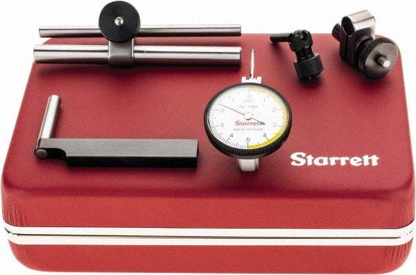 Starrett - 7 Piece, 0" to 0.01" Measuring Range, 1-3/8" Dial Diam, 0-5-0 Dial Reading, White Dial Test Indicator Kit - 13/16" Contact Point Length, 2mm Ball Diam, 0.0001" Dial Graduation - Benchmark Tooling