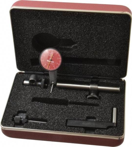 Starrett - 7 Piece, 0" to 0.01" Measuring Range, 1-3/8" Dial Diam, 0-5-0 Dial Reading, Red Dial Test Indicator Kit - 13/16" Contact Point Length, 2mm Ball Diam, 0.0001" Dial Graduation - Benchmark Tooling