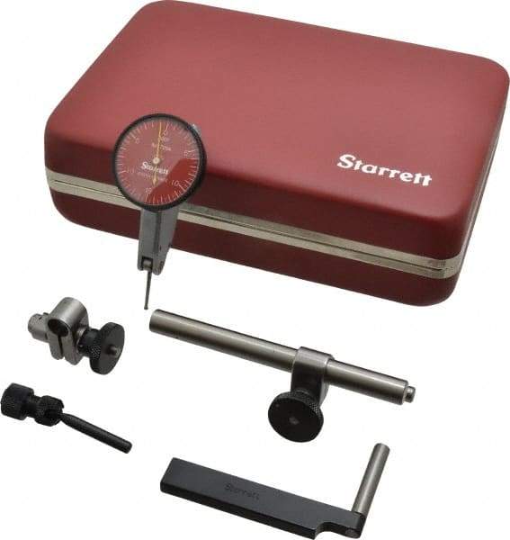 Starrett - 7 Piece, 0" to 0.03" Measuring Range, 1-3/8" Dial Diam, 0-15-0 Dial Reading, Red Dial Test Indicator Kit - 13/16" Contact Point Length, 2mm Ball Diam, 0.0005" Dial Graduation - Benchmark Tooling