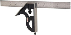 Starrett - 2 Piece, 12" Combination Square Set - 1/100, 1/32, 1/50 & 1/64" (16R) Graduation, Steel Blade, Cast Iron Square Head - Benchmark Tooling