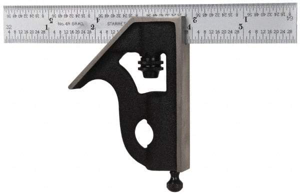 Starrett - 2 Piece, 6" Combination Square Set - 1/16, 1/32, 1/64 & 1/8" (4R) Graduation, Steel Blade, Cast Iron Square Head - Benchmark Tooling