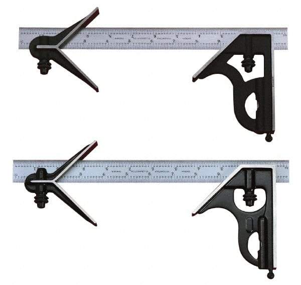 Starrett - 3 Piece, 24" Combination Square Set - 1/100, 1/32, 1/50 & 1/64" (16R) Graduation, Steel Blade, Cast Iron Center & Square Head - Benchmark Tooling