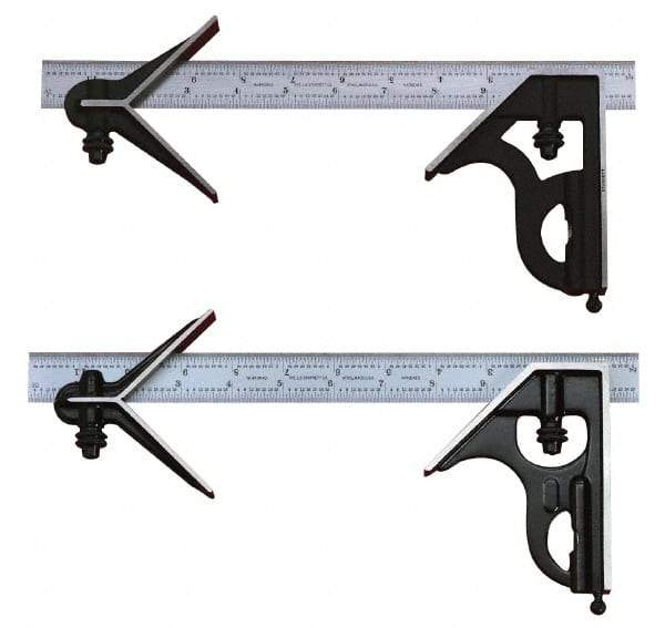 Starrett - 3 Piece, 18" Combination Square Set - 1/100, 1/32, 1/50 & 1/64" (16R) Graduation, Steel Blade, Cast Iron Center & Square Head - Benchmark Tooling