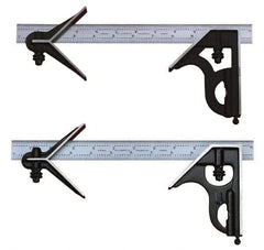 Starrett - 3 Piece, 24" Combination Square Set - 1/100, 1/32, 1/50 & 1/64" (16R) Graduation, Steel Blade, Cast Iron Center & Square Head - Benchmark Tooling