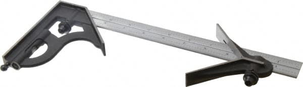 Starrett - 3 Piece, 12" Combination Square Set - 1/100, 1/32, 1/50 & 1/64" (16R) Graduation, Steel Blade, Cast Iron Center & Square Head - Benchmark Tooling