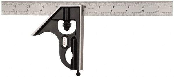 Starrett - 2 Piece, 12" Combination Square Set - 1/16, 1/32, 1/64 & 1/8" (4R) Graduation, Steel Blade, Forged Steel Square Head - Benchmark Tooling