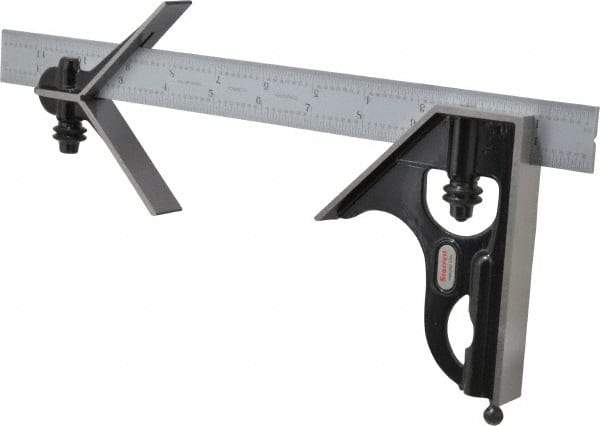 Starrett - 3 Piece, 12" Combination Square Set - 1/16, 1/32, 1/64 & 1/8" (4R) Graduation, Steel Blade, Forged Steel Center & Square Head - Benchmark Tooling