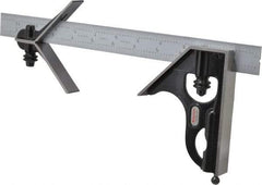 Starrett - 3 Piece, 12" Combination Square Set - 1/16, 1/32, 1/64 & 1/8" (4R) Graduation, Steel Blade, Forged Steel Center & Square Head - Benchmark Tooling