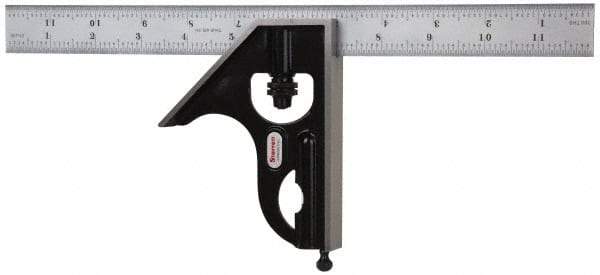 Starrett - 2 Piece, 12" Combination Square Set - 1/100, 1/32, 1/50 & 1/64" (16R) Graduation, Steel Blade, Forged Steel Square Head - Benchmark Tooling